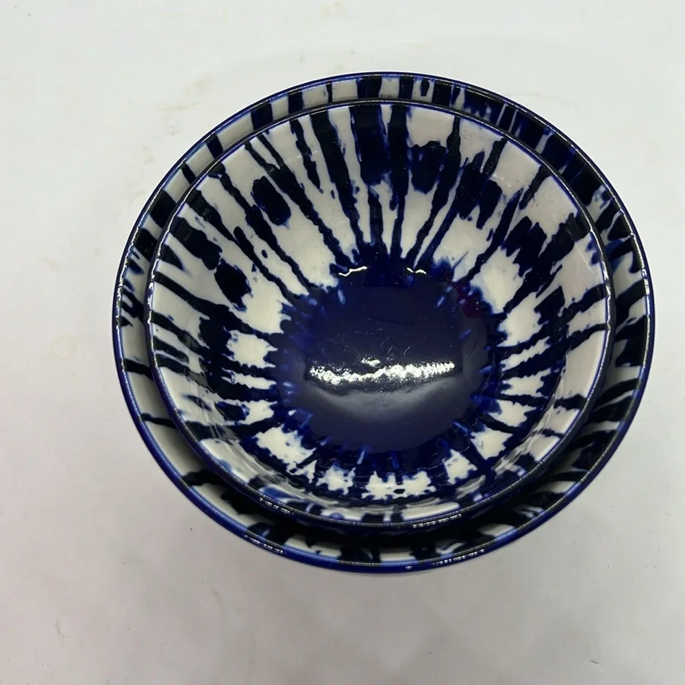 Set of 2 West Elm Ceramic Nesting Bowls Indigo Blue Tie Dye
